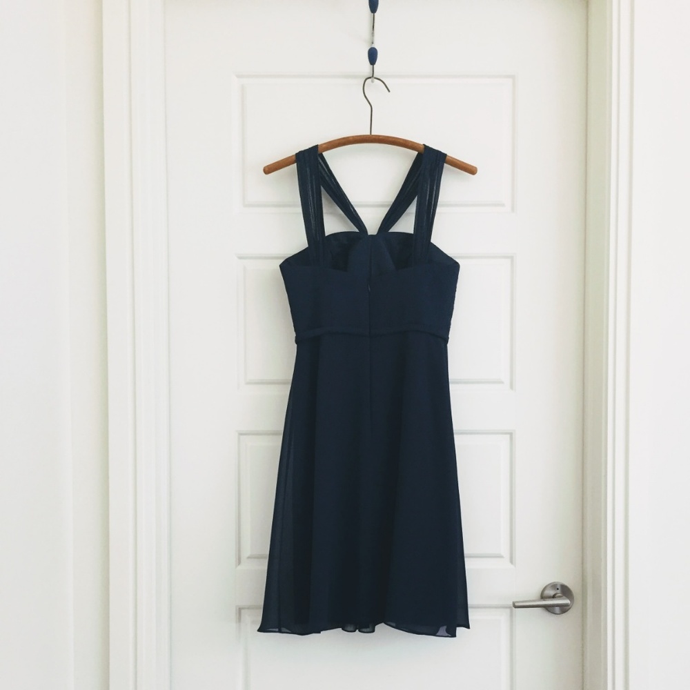 Y-Neck Ruched Bodice Crinkle Chiffon Dress, Marine - Picture 2 of 5